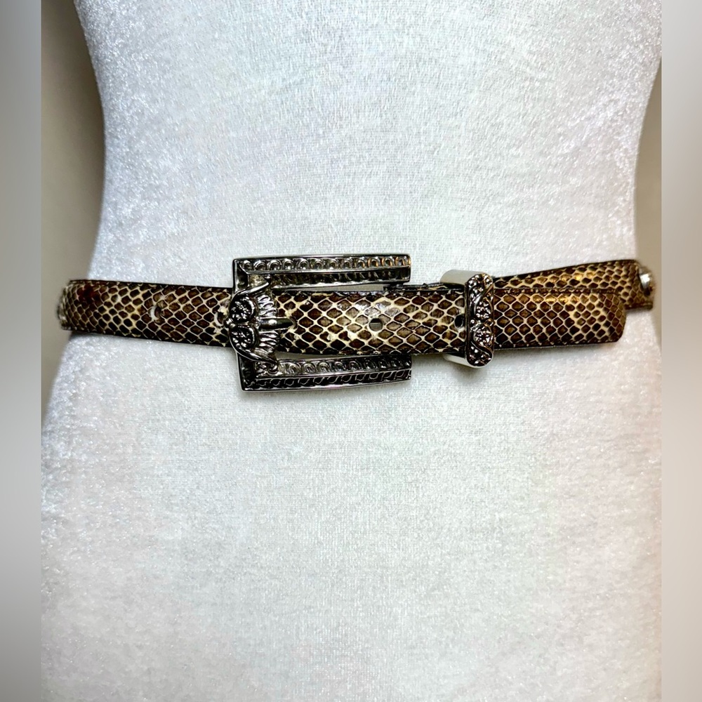 Brown Snake Print Belt with Silver Buckle